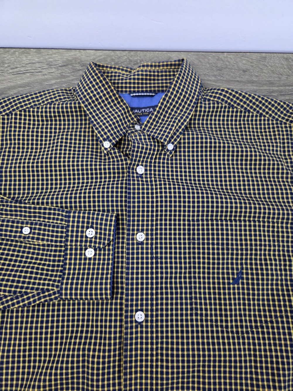 Nautica Button-Down Shirt Mens Large Blue Yellow Plaid Long Sleeve Cotton Preppy